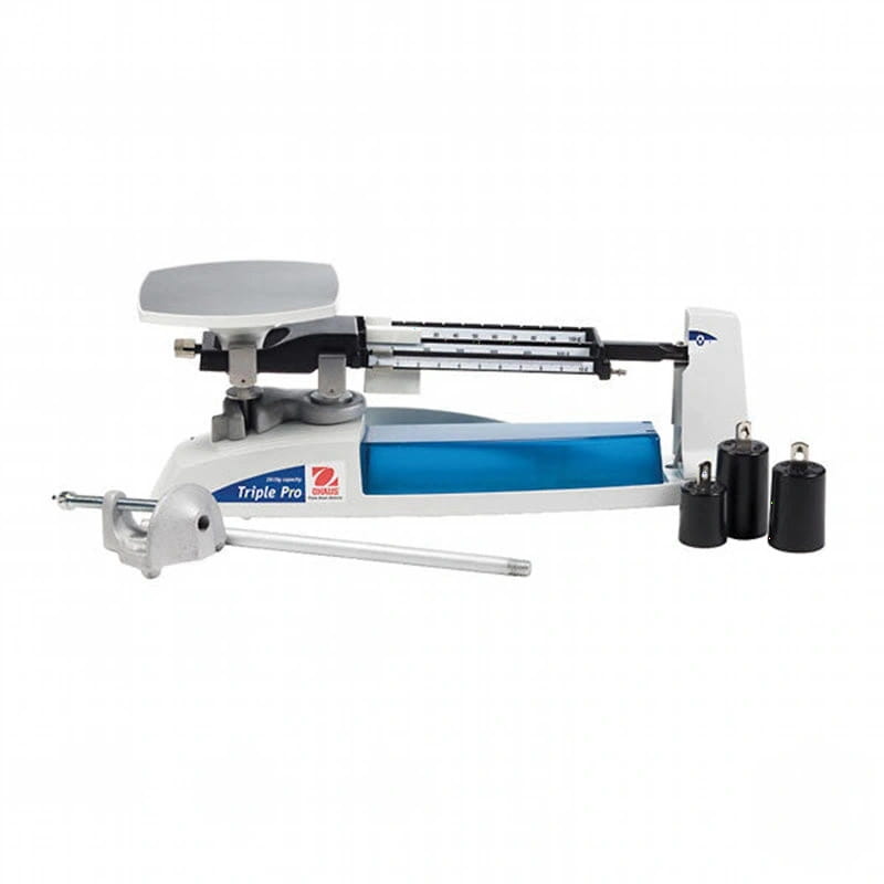 White and blue triple pro balance scale with black weights