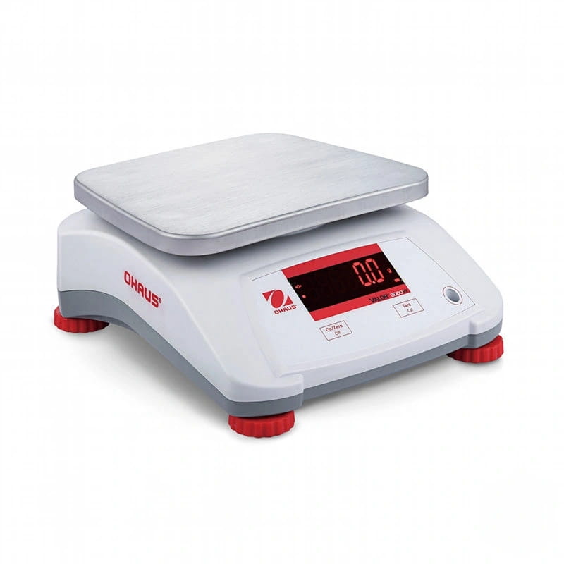 White and red ohaus valor 200 digital scale with a silver weighing platform