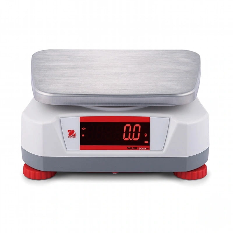 White and gray ohaus valor 2000al digital scale with a brushed stainless steel weighing platform and red-accented display