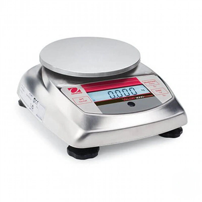 Silver digital scale with a circular weighing platform and red-accented display panel