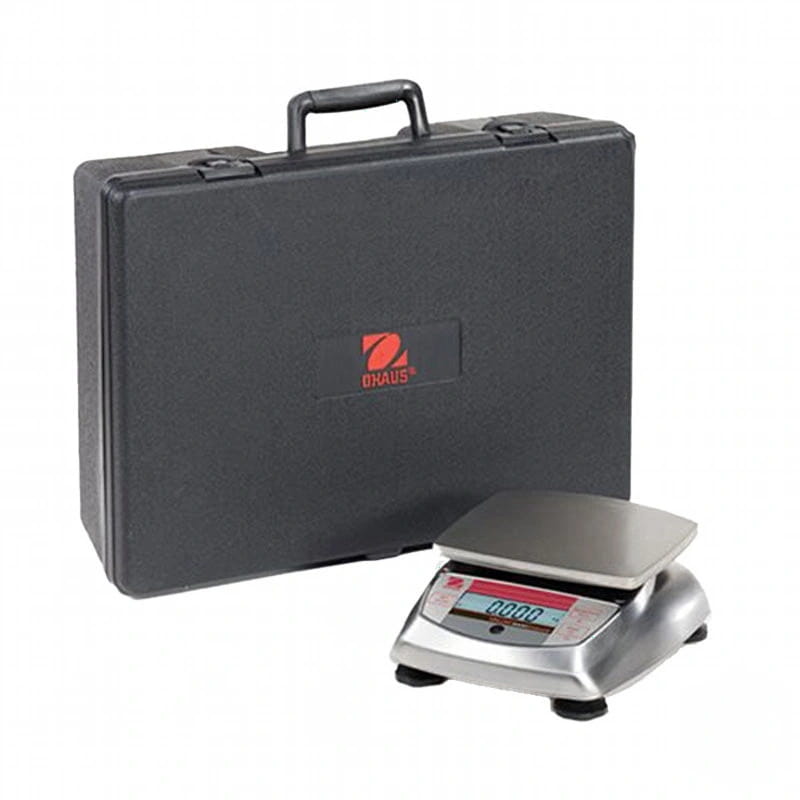 Silver digital scale with a black carrying case featuring the ohaus logo