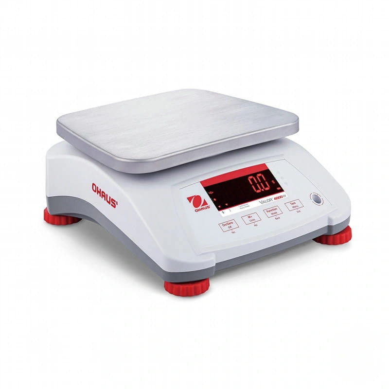 White and red ohaus valor 4000 ii digital scale with a silver weighing platform