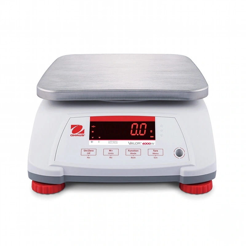 White ohaus valor 4000w digital scale with a silver weighing platform and red-accented display