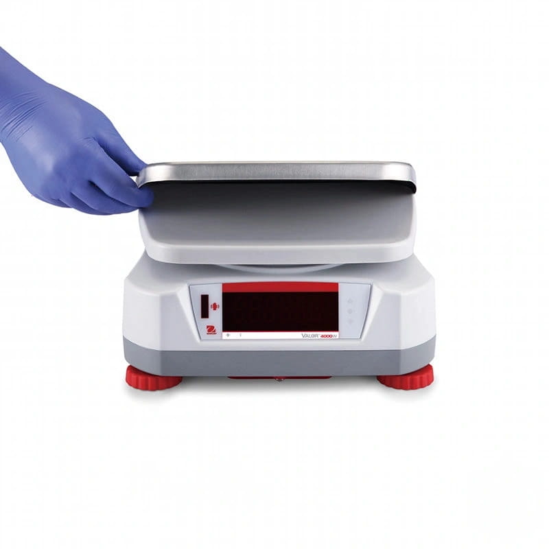 White and gray digital scale with red accents and a stainless steel weighing platform
