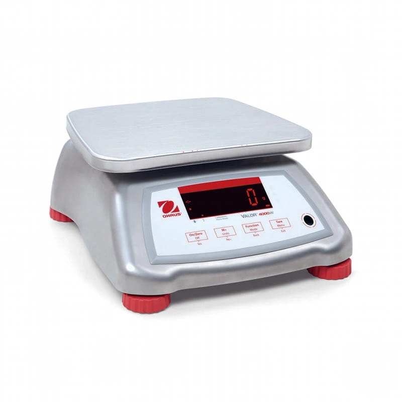 Silver ohaus valor 4000n digital scale with red accents and a rectangular weighing platform