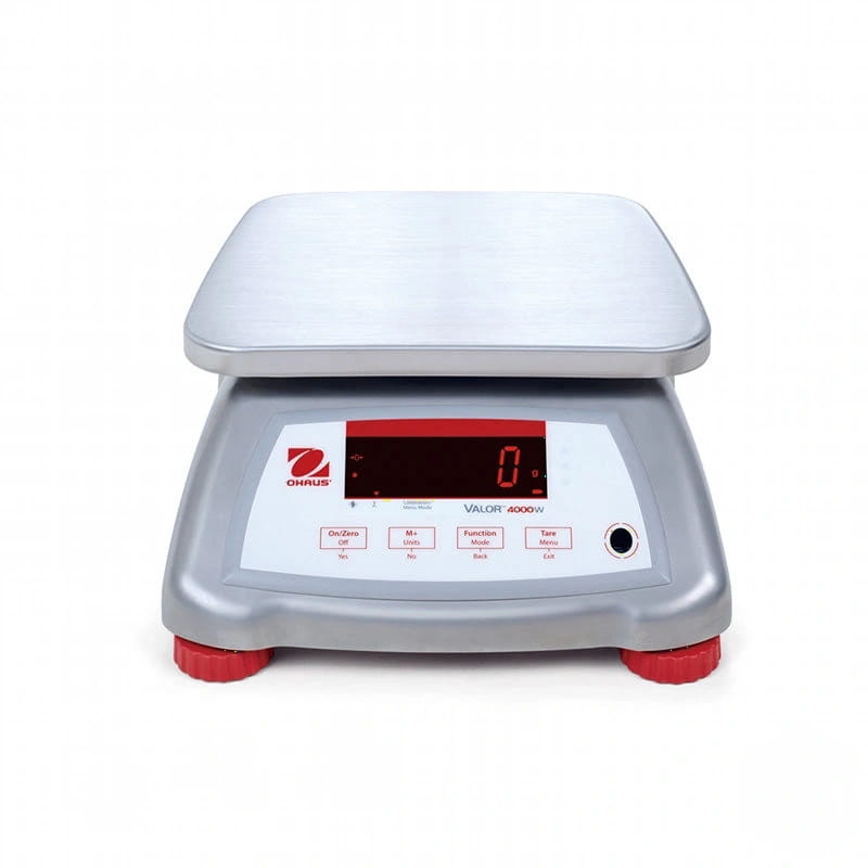 Silver ohaus valor 4000w digital scale with red accents and a stainless steel weighing platform