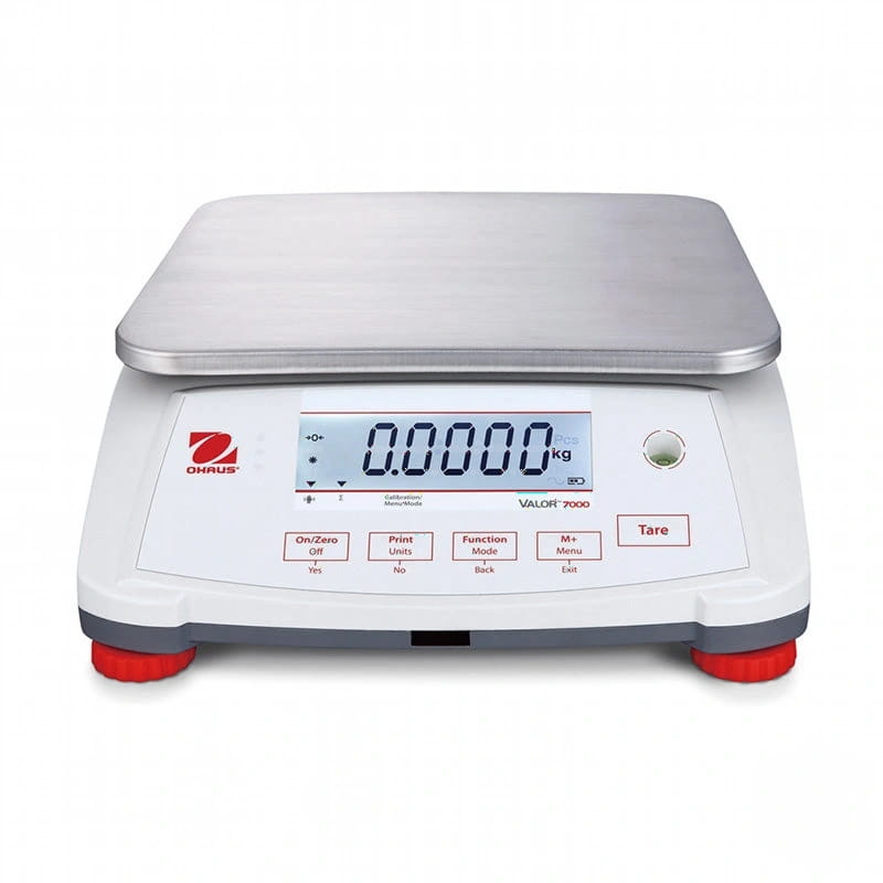White and red ohaus valor 7000 digital scale with a stainless steel weighing platform