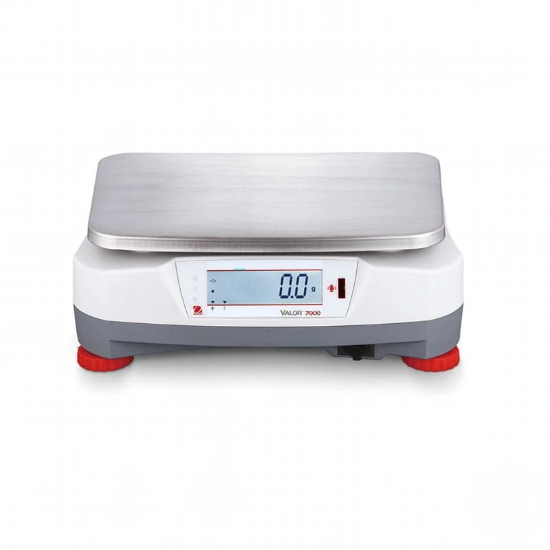 White and gray digital scale with a stainless steel weighing platform, model valor 7000