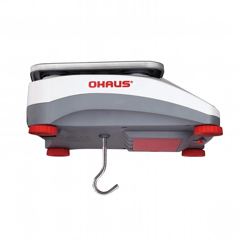 White and gray ohaus digital scale with red accents and a hanging hook