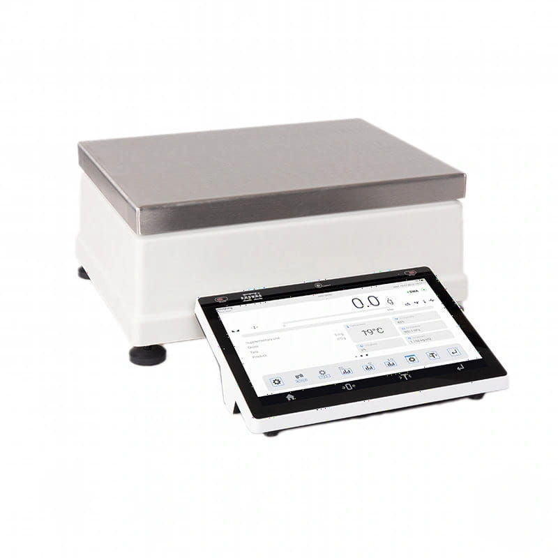 White digital scale with a silver weighing platform and touchscreen display