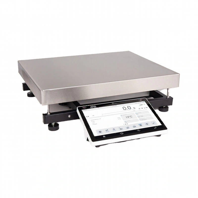 Modern digital scale with a sleek stainless steel platform and an integrated touchscreen display