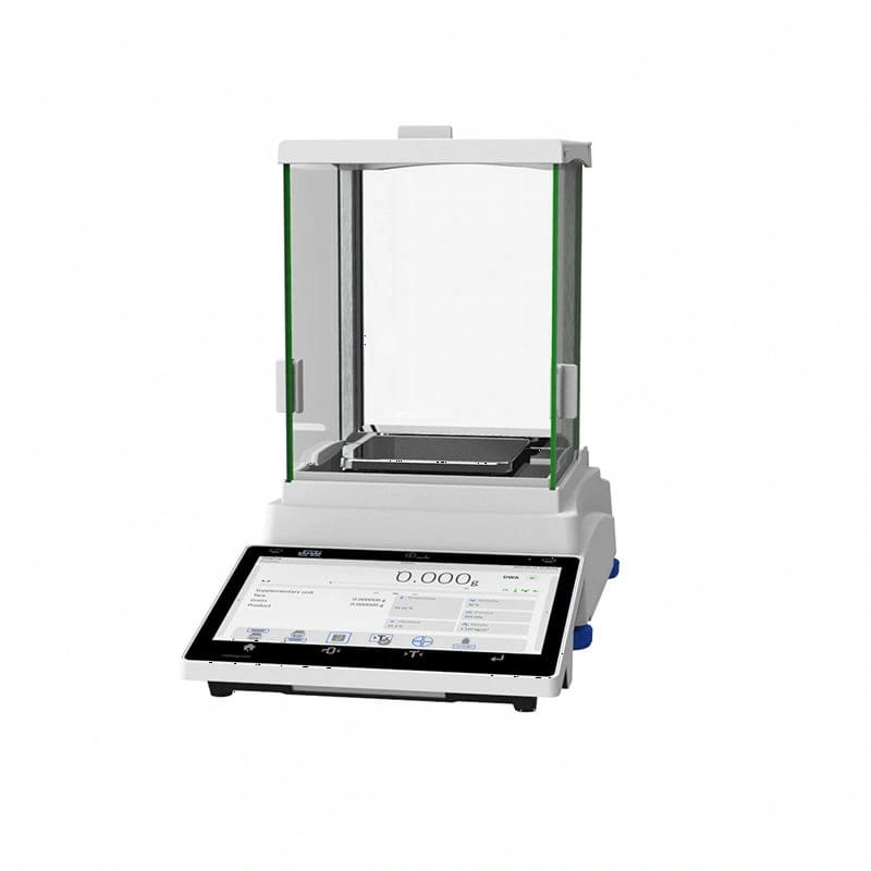 White analytical balance with a transparent glass draft shield and digital touchscreen display