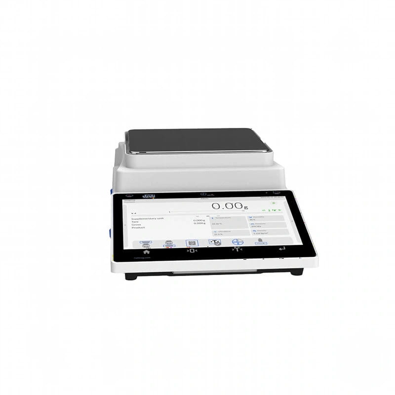 White digital scale with a black weighing platform and touchscreen display showing measurement readings