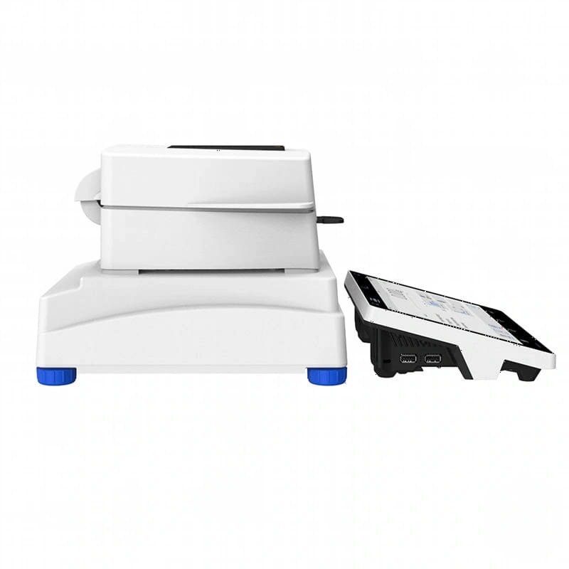 White electronic scale with blue feet and a matching touchscreen display unit