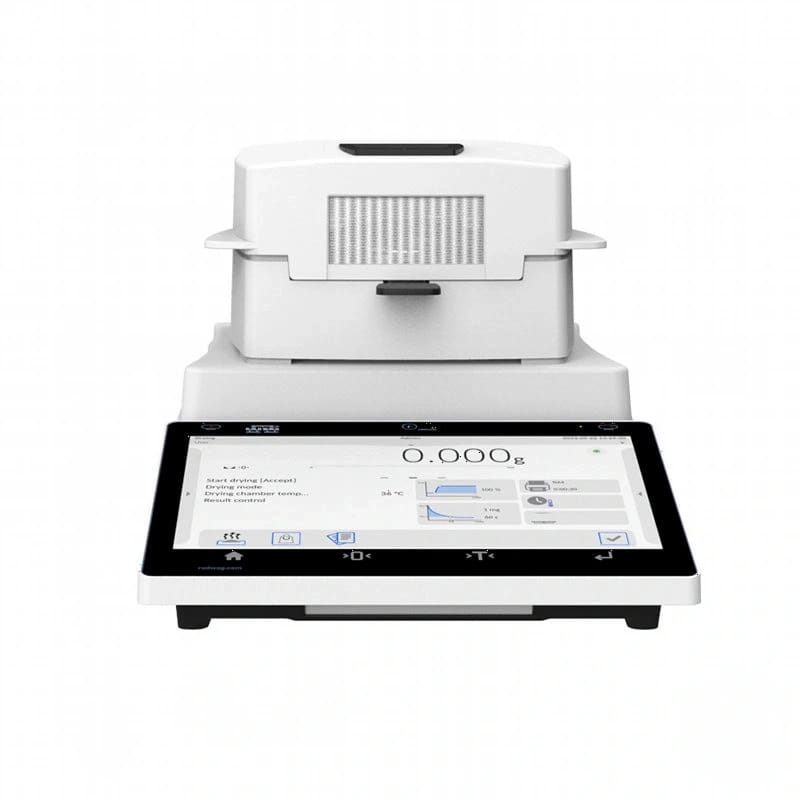 White digital laboratory scale with touchscreen display and integrated drying chamber
