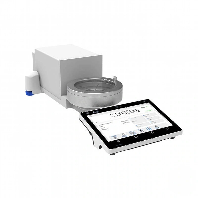 White and silver analytical balance with touchscreen display