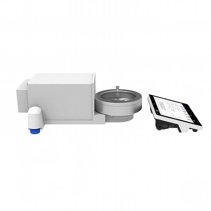 White and silver laboratory instrument with a circular sample holder, accompanied by a tablet displaying data