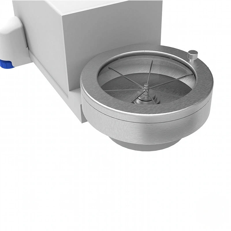 Silver metallic circular sample holder with a transparent cover and internal radial support structure