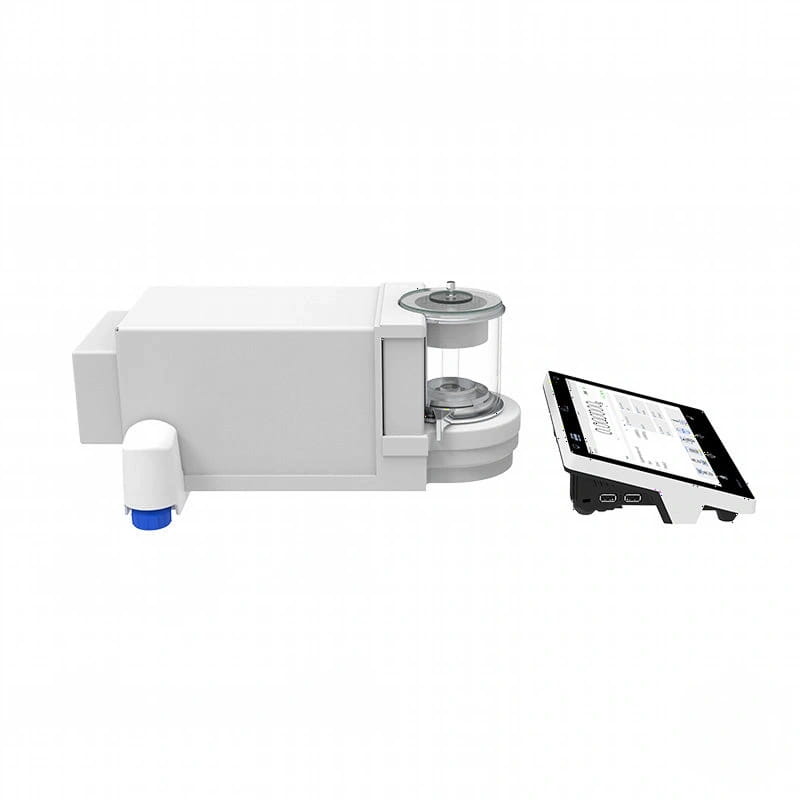 White analytical balance with transparent glass container and digital display tablet beside it