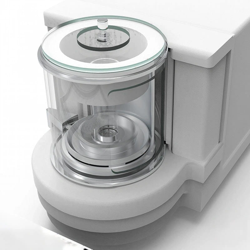 White and transparent glass-top countertop blender with metallic interior components