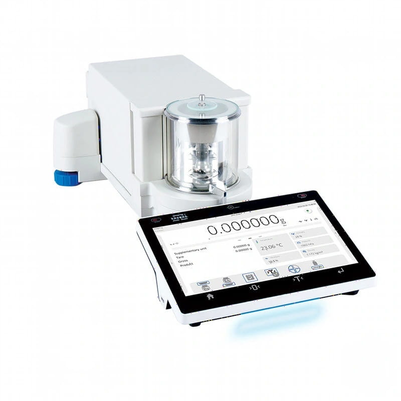 White analytical balance with digital touchscreen display and transparent sample chamber