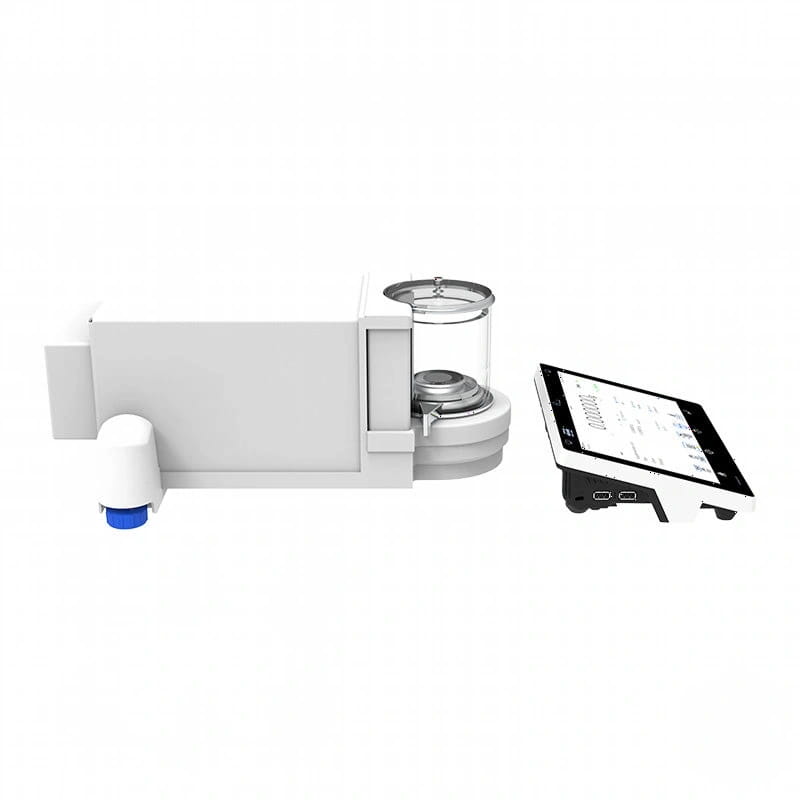 White analytical balance with transparent glass container and digital display tablet beside it