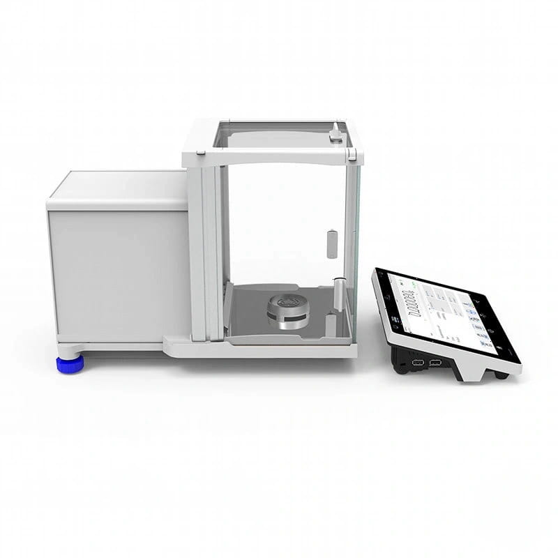 White analytical balance with a transparent draft shield and digital display unit
