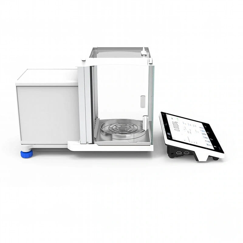 White analytical balance with a transparent draft shield and silver weighing pan, accompanied by a touchscreen display unit