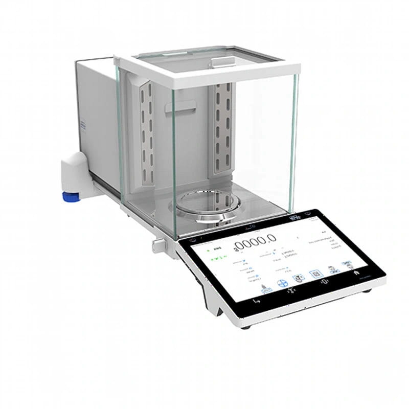 White analytical balance with a glass draft shield and digital touchscreen display