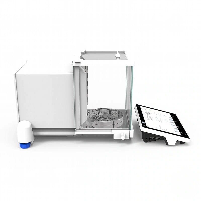 White analytical balance with transparent draft shield and digital display unit