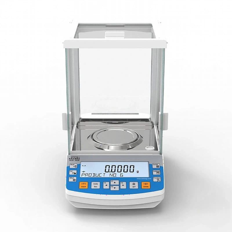 White and blue digital analytical balance with a transparent glass draft shield