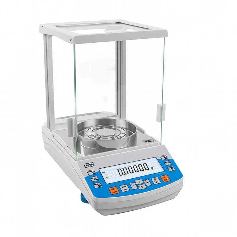White and blue digital analytical balance with a glass-enclosed weighing platform