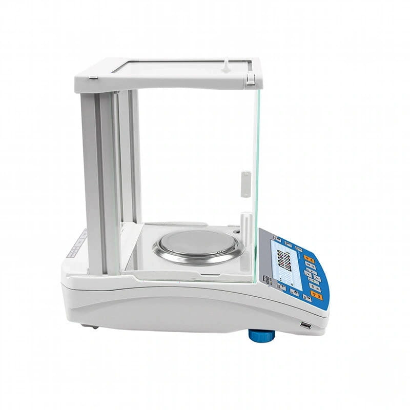White analytical balance with a transparent glass draft shield and blue-accented digital display panel