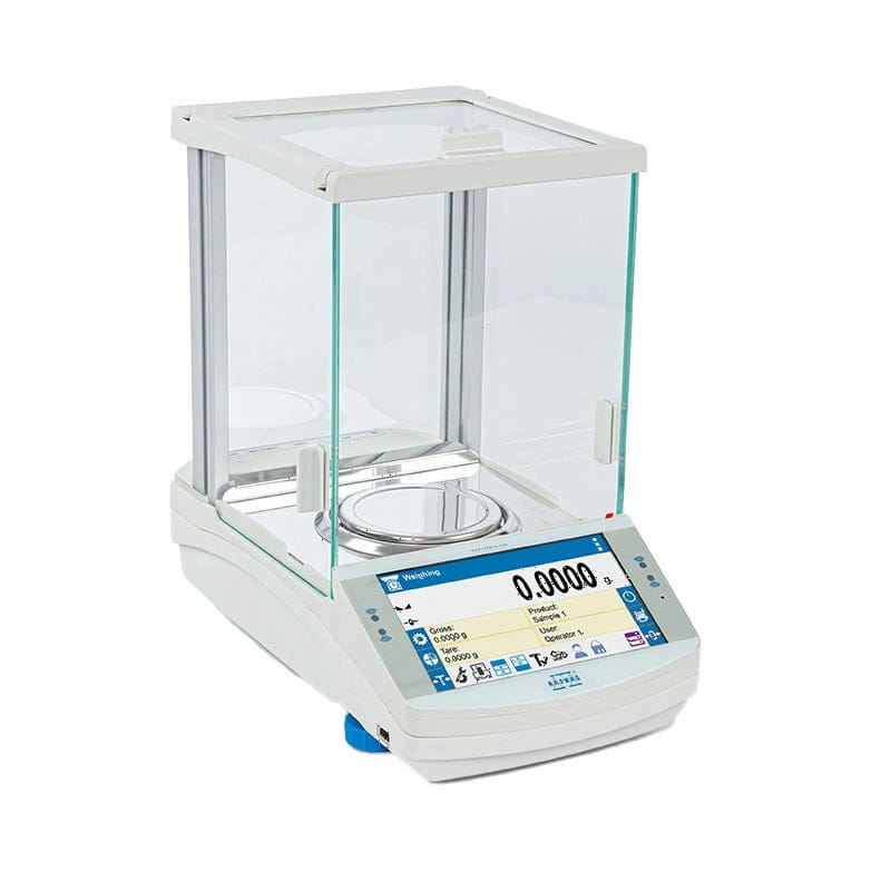 White analytical balance with a transparent glass draft shield and digital display showing zeroed weight reading