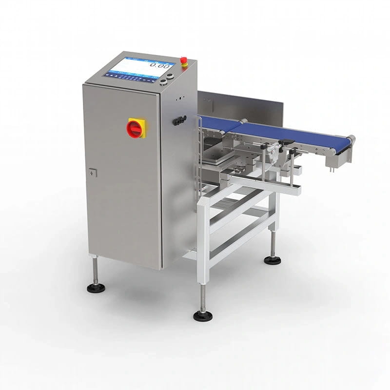 Industrial-grade metal food inspection machine with a digital display panel and blue conveyor belt