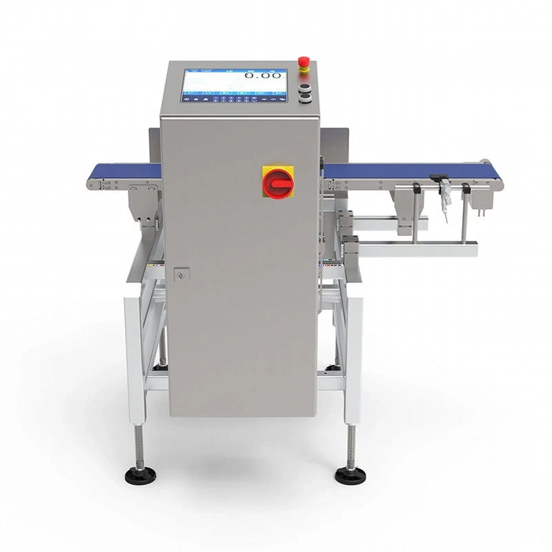 Industrial-grade metal food inspection machine with a digital display and red emergency stop button