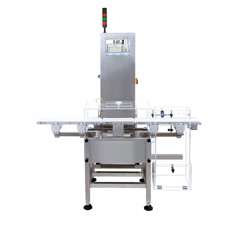 Industrial-grade stainless steel food inspection machine with a digital display and red-green signal lights