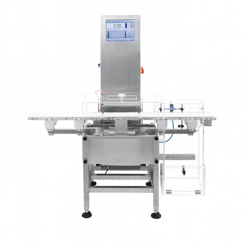 Industrial-grade stainless steel food weighing and inspection machine with a digital display panel