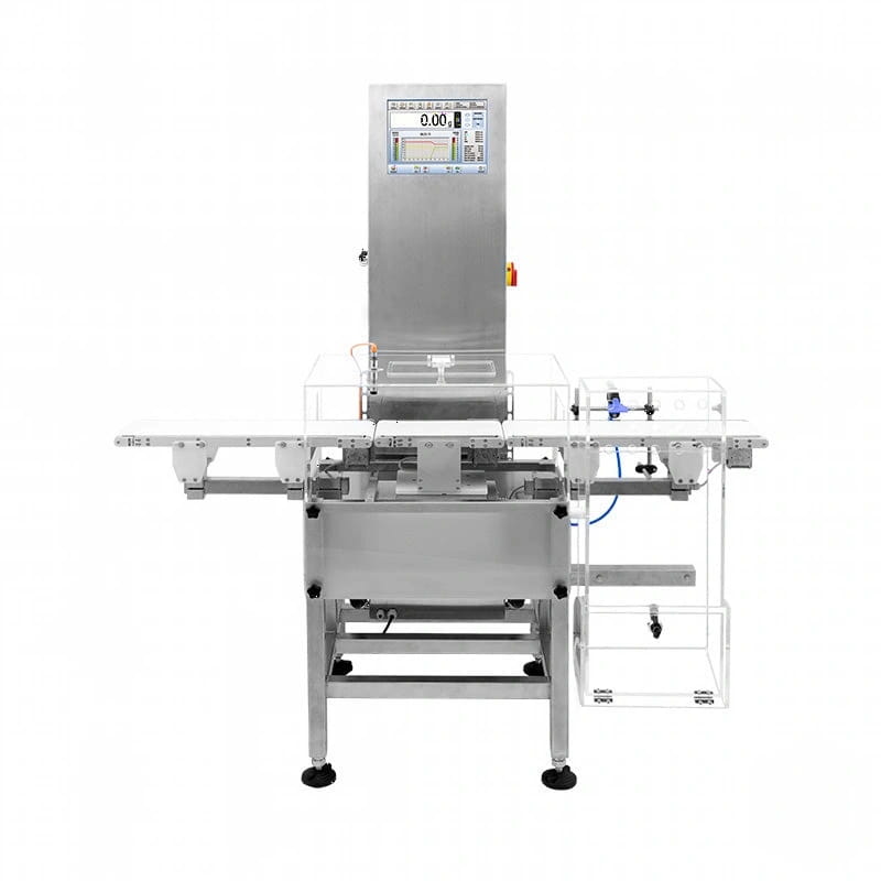 Industrial-grade stainless steel food inspection machine with a digital display panel and conveyor system