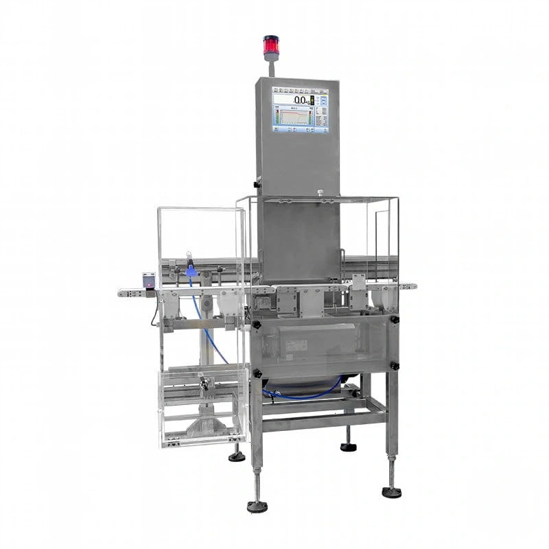 Industrial-grade stainless steel automated inspection machine with a digital display and red warning light