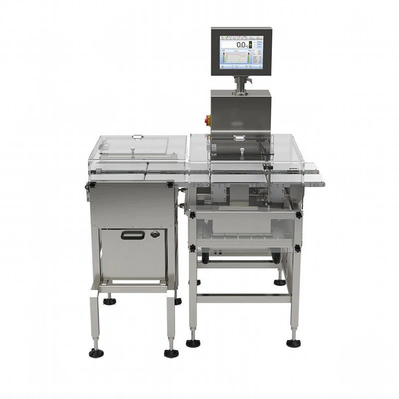 Industrial-grade stainless steel conveyor scale with a digital display and transparent protective cover