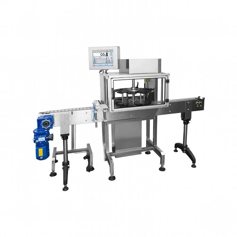 Industrial-grade stainless steel bottle capping machine with a digital control panel and blue motorized components