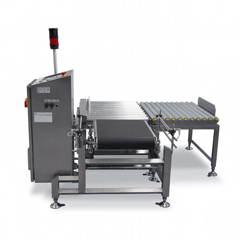 Industrial-grade metal conveyor sorting machine with a black belt and silver rollers