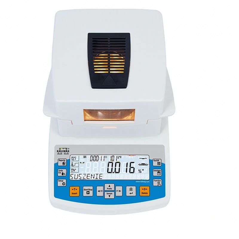 White and blue laboratory-grade moisture analyzer with a digital display showing ’0.16%’ humidity reading, featuring black ventilation slats above the screen and orange-lit indicator lights on its front panel