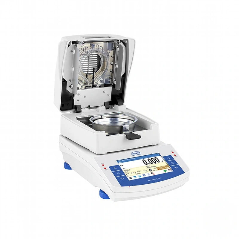 White laboratory moisture analyzer with a digital display and open lid revealing an internal heating chamber