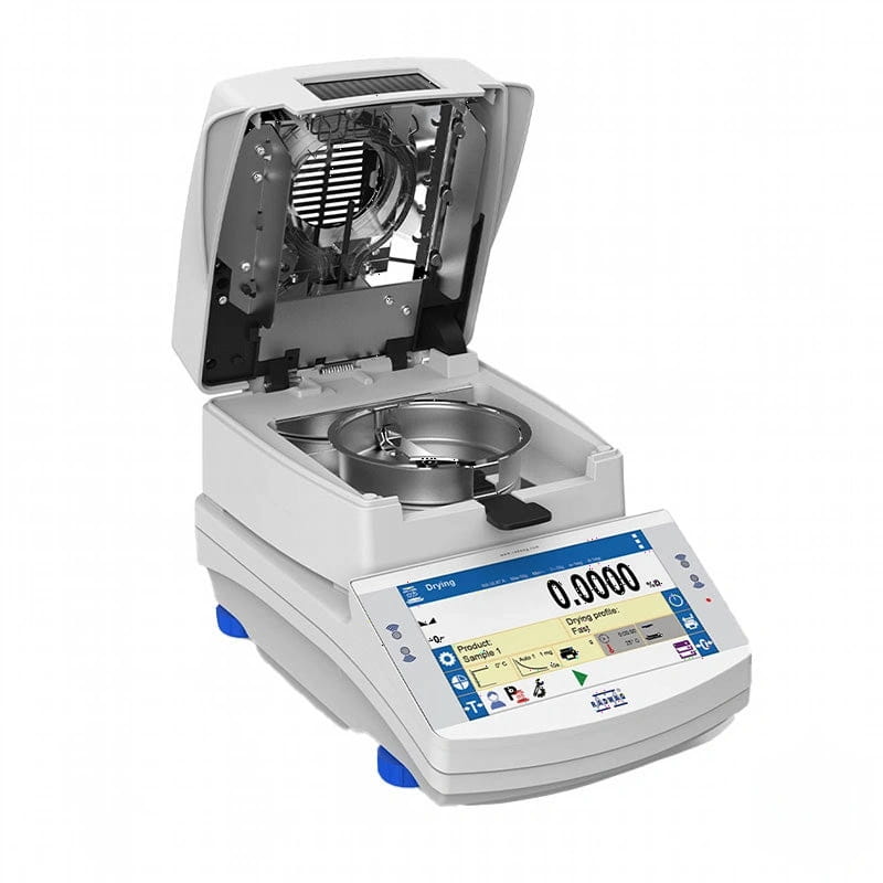 White analytical balance with digital display and open lid revealing a metal sample tray