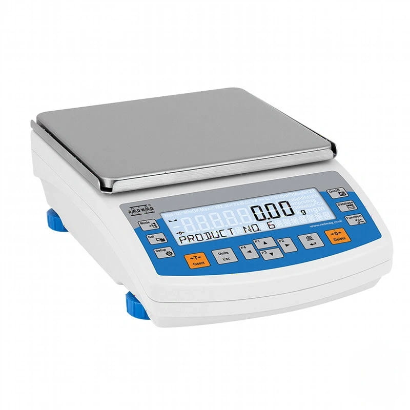 White and blue digital scale with a silver weighing platform