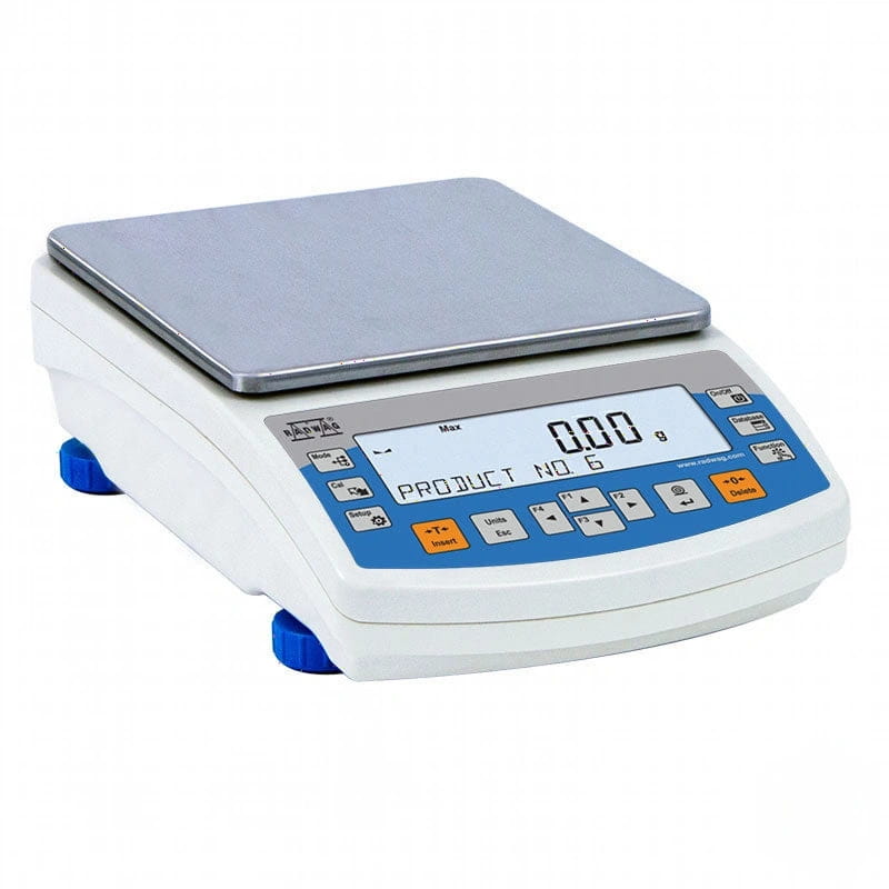 White and blue digital scale with a silver weighing platform
