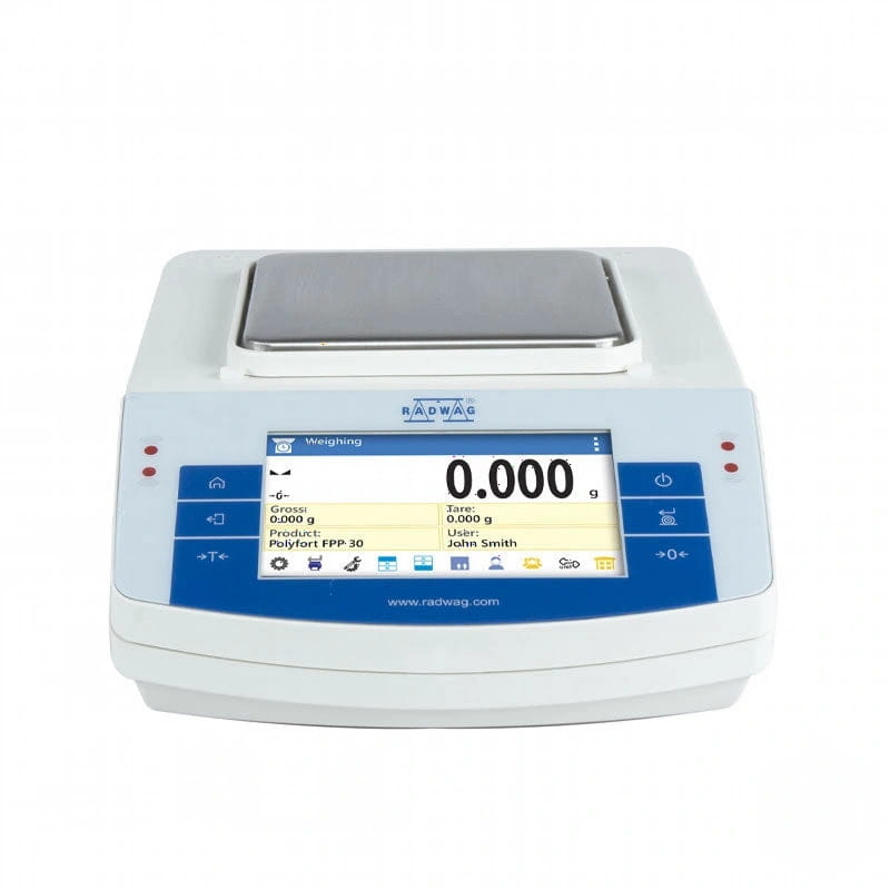 White radwag polyfort fpp 30 analytical balance with a digital display showing zero weight and blue control buttons