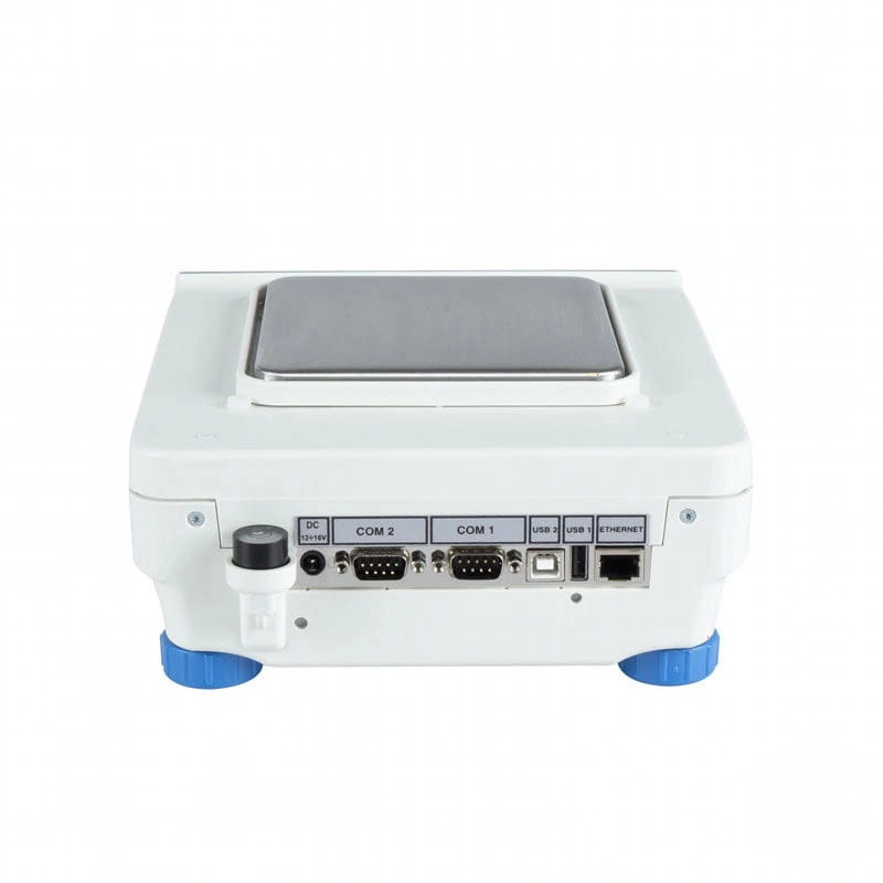 White laboratory-grade digital balance with a silver weighing platform and blue rubber feet, featuring multiple connectivity ports including usb and ethernet